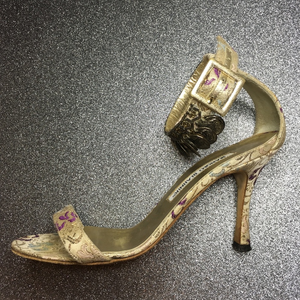 MANOLO BLAHNIK® Gold Coin Beaded Damask Sandal 36